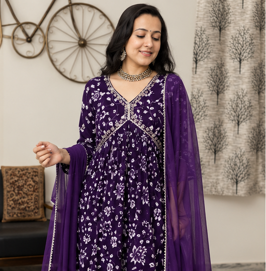 Women's Purple Rayon Aliya Cut Embroidered Kurta Pant Set with Dupatta | Floral Ethnic Wear