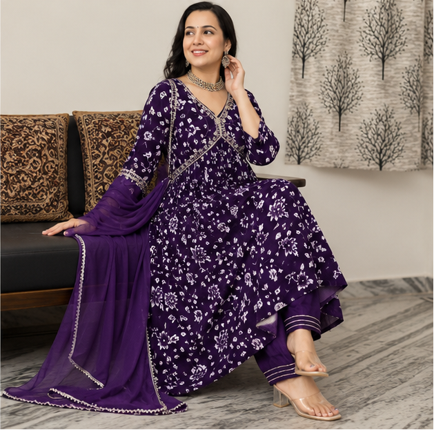 Women's Purple Rayon Aliya Cut Embroidered Kurta Pant Set with Dupatta | Floral Ethnic Wear