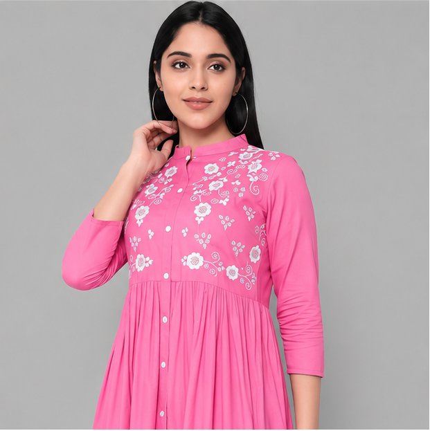 Women's Pink Embroidered Rayon Kurti | Floral Calf Length Party Wear Kurti