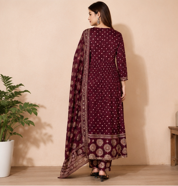 Women's Maroon Printed Anarkali Kurta Pant Set with Dupatta | Rayon Party Wear Ethnic Set