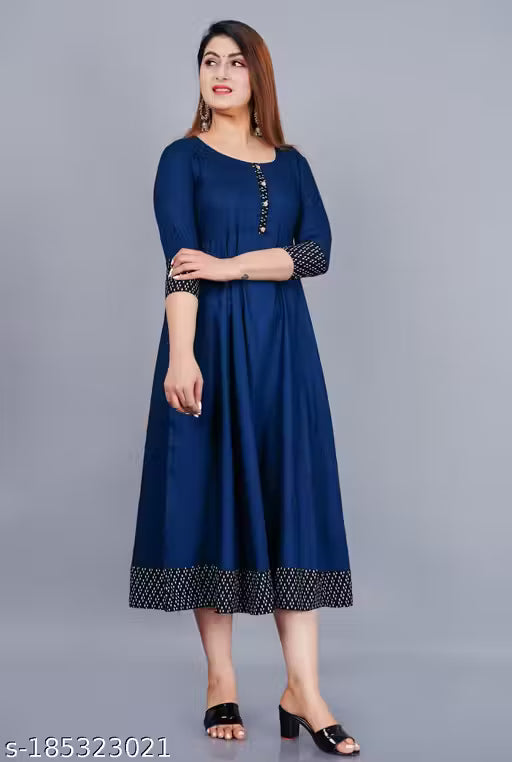 Trendy Women's Solid Printed Round Flared Kurti (Navy Blue)