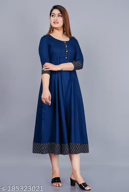 Trendy Women's Solid Printed Round Flared Kurti (Navy Blue)