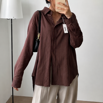 Women's Premium Brown Textured Oversized Cotton Blend Shirt | Casual Long Sleeve Button-Down Top
