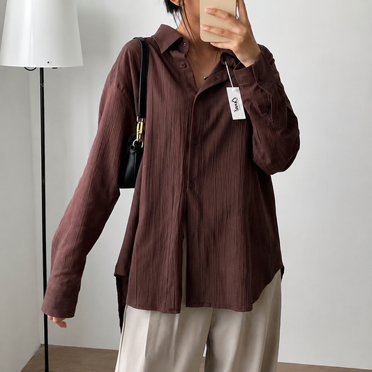 Women's Premium Brown Textured Oversized Cotton Blend Shirt | Casual Long Sleeve Button-Down Top