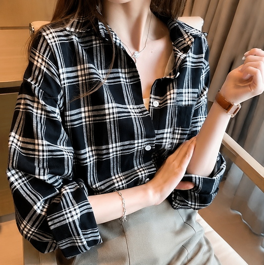 Women's Black Checked Cotton Blend Shirt | Casual Full Sleeve Check Shirt