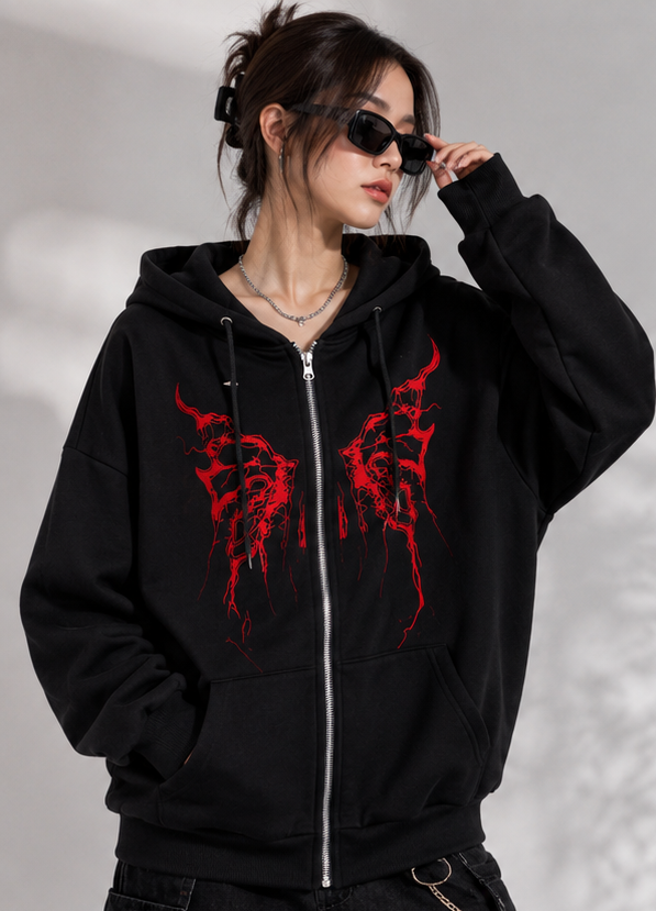 Women's Black Zip-Up Hoodie with Red Tribal Butterfly Print | Casual Streetwear Jacket