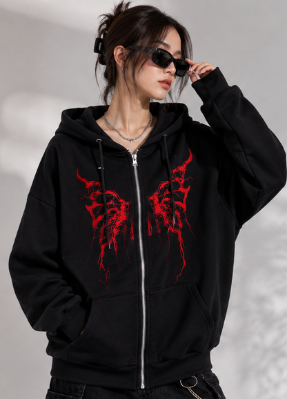 Women's Black Zip-Up Hoodie with Red Tribal Butterfly Print | Casual Streetwear Jacket