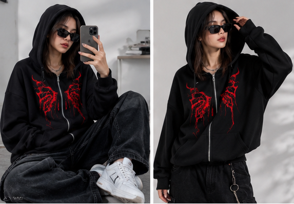 Women's Black Zip-Up Hoodie with Red Tribal Butterfly Print | Casual Streetwear Jacket