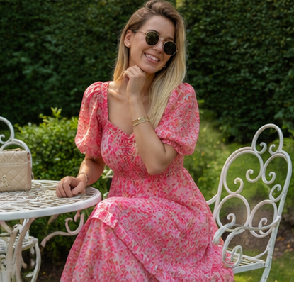 Women's Pink Floral Georgette Maxi Dress | Sweetheart Neck Puff Sleeve One Piece Dress
