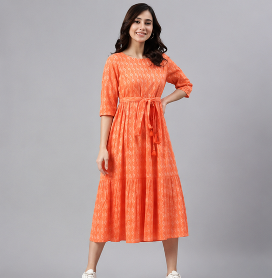 Women's Orange Rayon Fit & Flare Kurti Dress | Embroidered Batik Calf-Length One Piece Dress