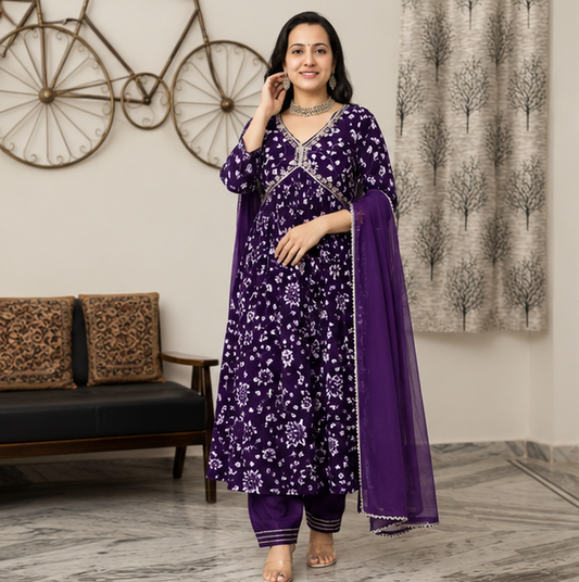 Women's Purple Rayon Aliya Cut Embroidered Kurta Pant Set with Dupatta | Floral Ethnic Wear