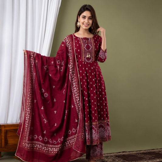 Women's Maroon Rayon Kurta Pant Set with Dupatta | Ethnic Motif Party Wear 3-Piece Set