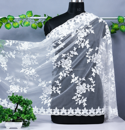 Women's White Embroidered Net Dupatta | Floral Party Wear Khadi Dupatta