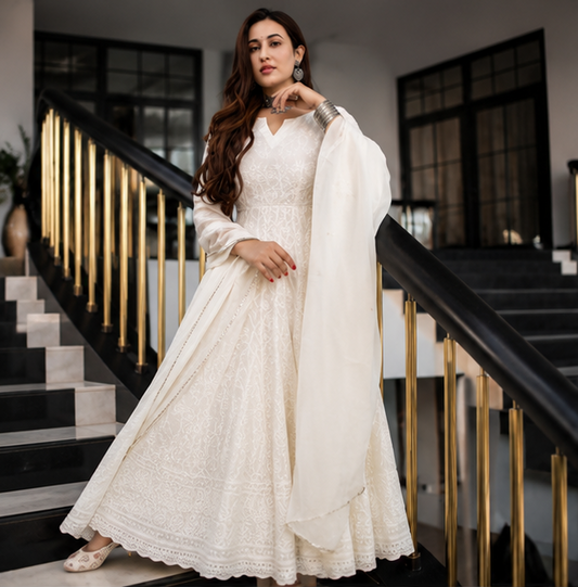 Women's White Cotton Anarkali Embroidered Kurti with Chanderi Silk Dupatta | Ethnic Wear Set