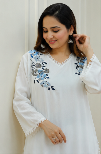 Women's White Embroidered Rayon Kurta Pant Set with Dupatta | Floral Festive Ethnic Wear