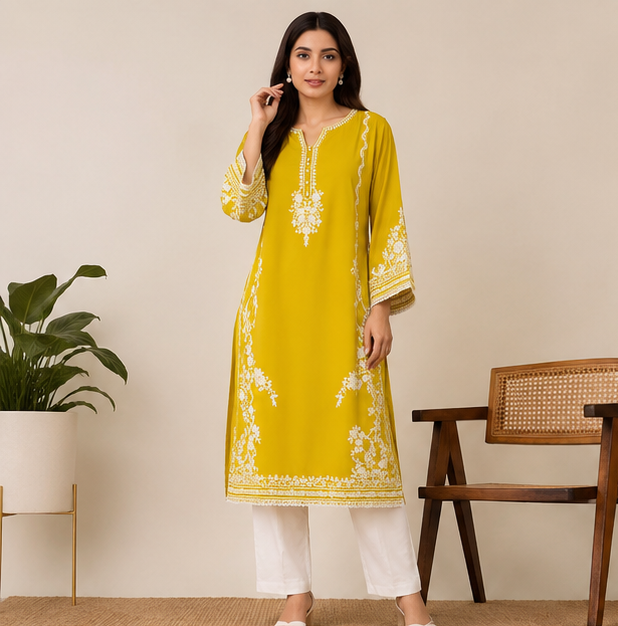 Women's Yellow Georgette Embroidered Kurta Pant Set with Dupatta | Party Wear Ethnic Set