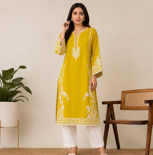 Women's Yellow Georgette Embroidered Kurta Pant Set with Dupatta | Party Wear Ethnic Set
