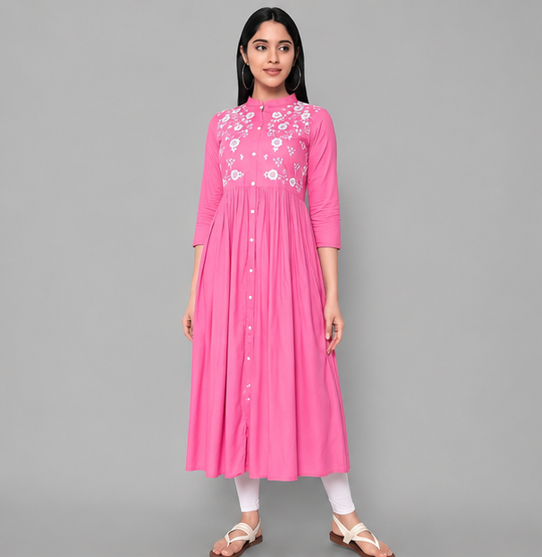 Women's Pink Embroidered Rayon Kurti | Floral Calf Length Party Wear Kurti