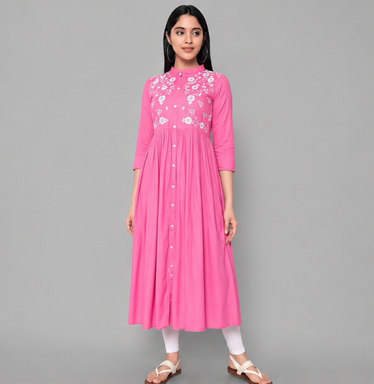 Women's Pink Embroidered Rayon Kurti | Floral Calf Length Party Wear Kurti