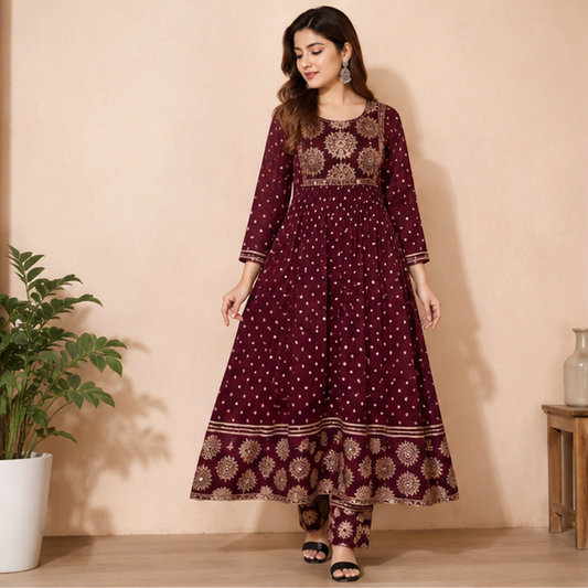 Women's Maroon Printed Anarkali Kurta Pant Set with Dupatta | Rayon Party Wear Ethnic Set