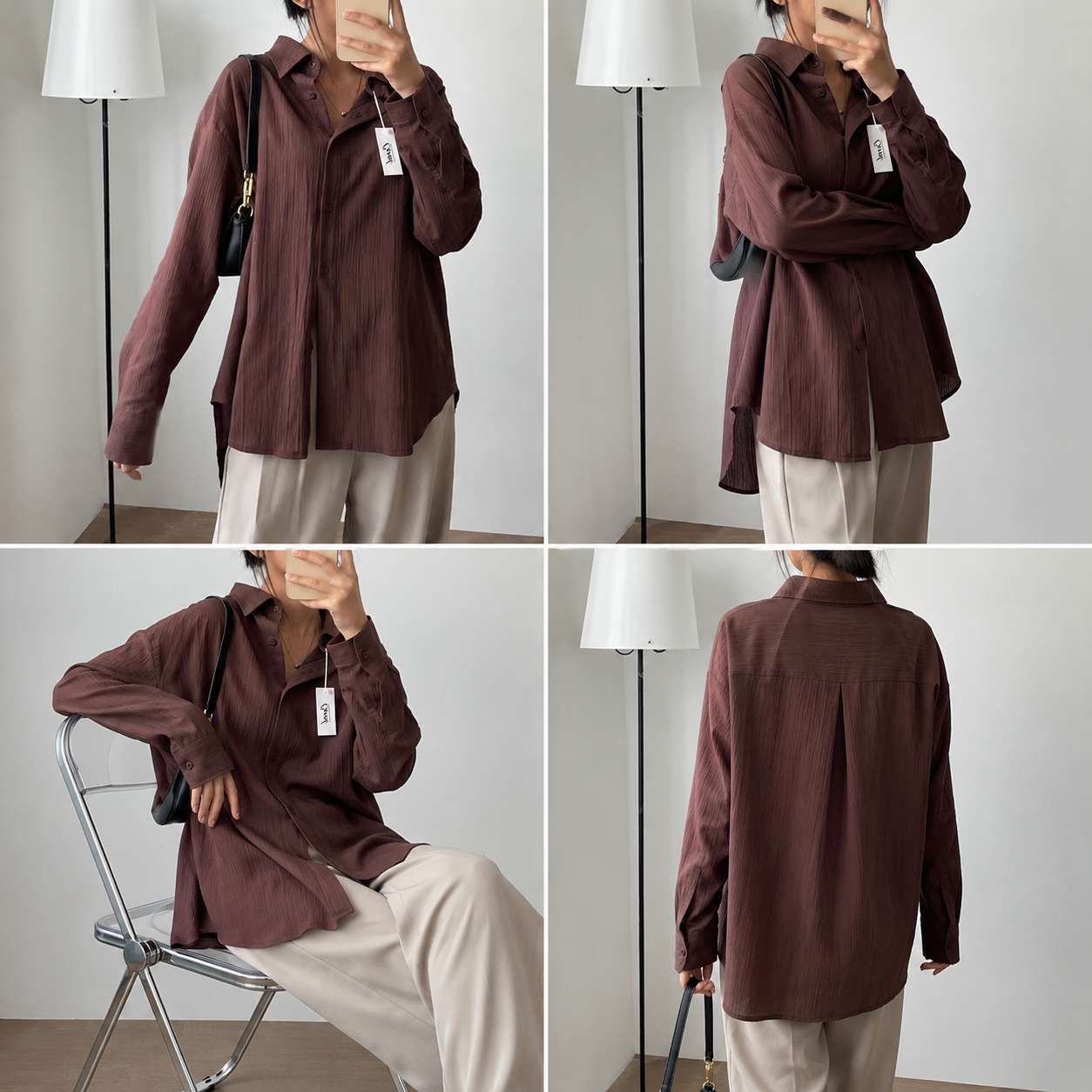 Women's Premium Brown Textured Oversized Cotton Blend Shirt | Casual Long Sleeve Button-Down Top