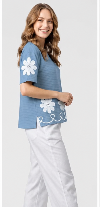 Women's Aqua Blue Printed Cotton Blend Casual T-Shirt