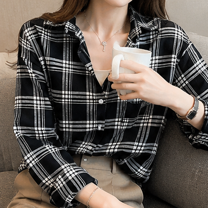 Women's Black Checked Cotton Blend Shirt | Casual Full Sleeve Check Shirt