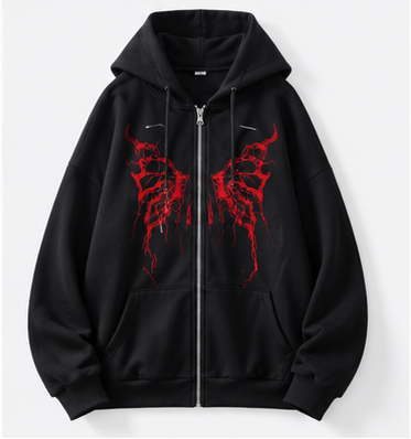 Women's Black Zip-Up Hoodie with Red Tribal Butterfly Print | Casual Streetwear Jacket