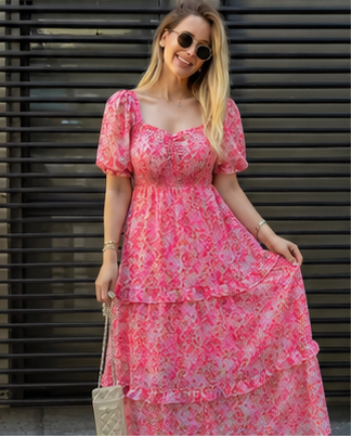 Women's Pink Floral Georgette Maxi Dress | Sweetheart Neck Puff Sleeve One Piece Dress