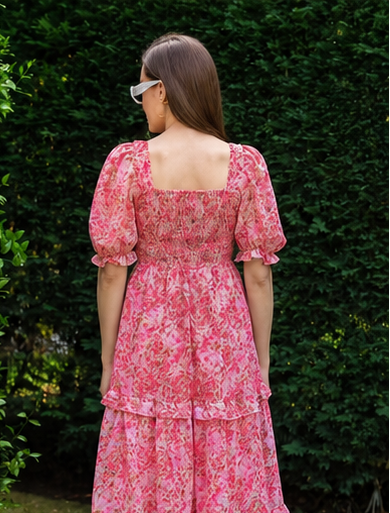 Women's Pink Floral Georgette Maxi Dress | Sweetheart Neck Puff Sleeve One Piece Dress
