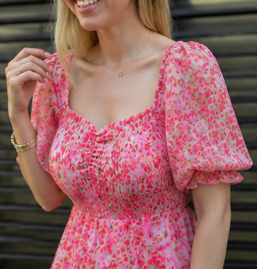 Women's Pink Floral Georgette Maxi Dress | Sweetheart Neck Puff Sleeve One Piece Dress