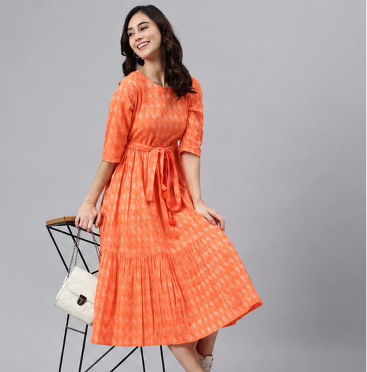 Women's Orange Rayon Fit & Flare Kurti Dress | Embroidered Batik Calf-Length One Piece Dress