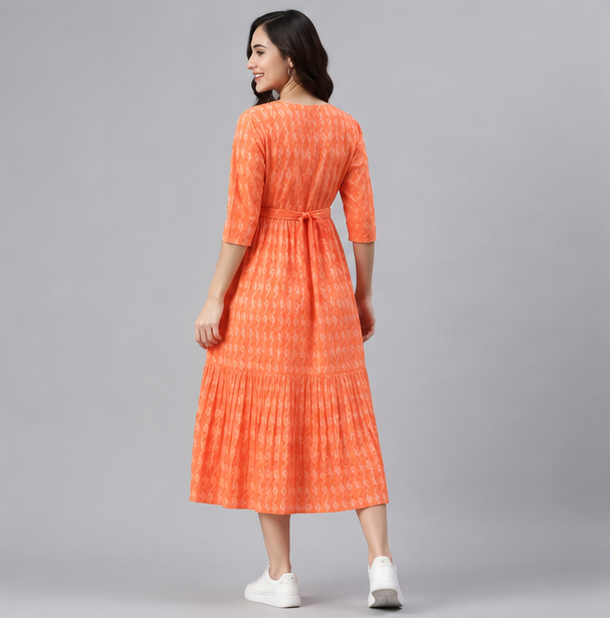 Women's Orange Rayon Fit & Flare Kurti Dress | Embroidered Batik Calf-Length One Piece Dress