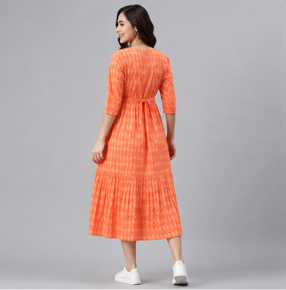 Women's Orange Rayon Fit & Flare Kurti Dress | Embroidered Batik Calf-Length One Piece Dress