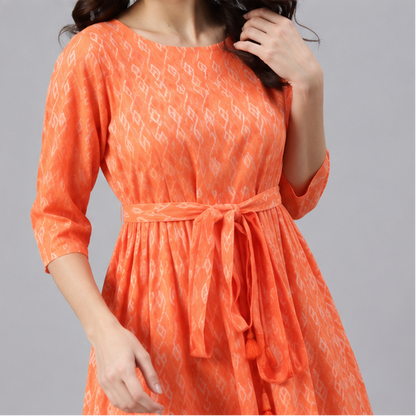 Women's Orange Rayon Fit & Flare Kurti Dress | Embroidered Batik Calf-Length One Piece Dress