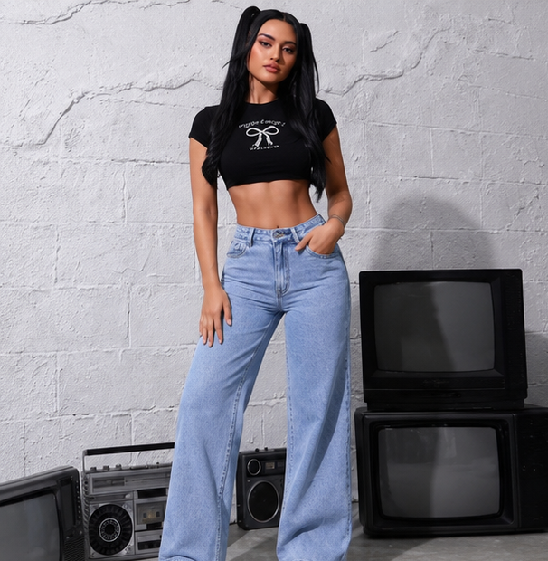Women's Ice Blue Wide Leg Denim Jeans | High Rise Light Wash Casual Jeans
