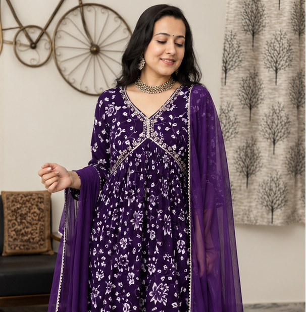 Women's Purple Rayon Aliya Cut Embroidered Kurta Pant Set with Dupatta | Floral Ethnic Wear