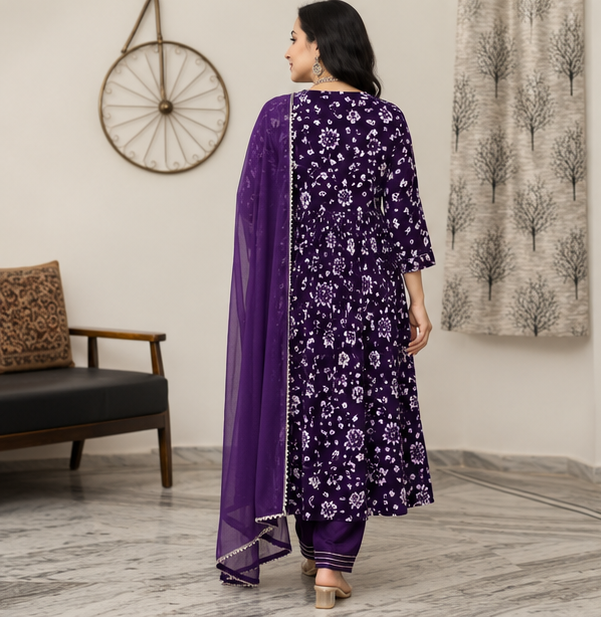 Women's Purple Rayon Aliya Cut Embroidered Kurta Pant Set with Dupatta | Floral Ethnic Wear