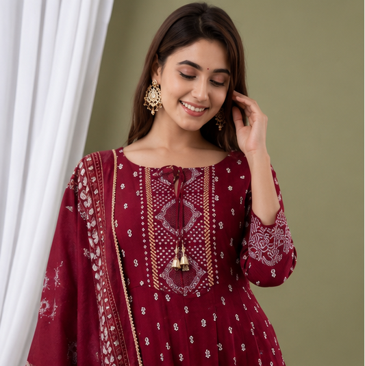 Women's Maroon Rayon Kurta Pant Set with Dupatta | Ethnic Motif Party Wear 3-Piece Set