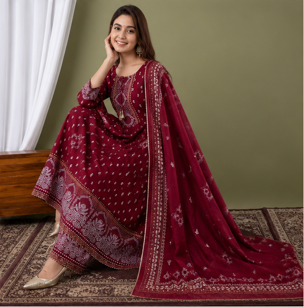Women's Maroon Rayon Kurta Pant Set with Dupatta | Ethnic Motif Party Wear 3-Piece Set