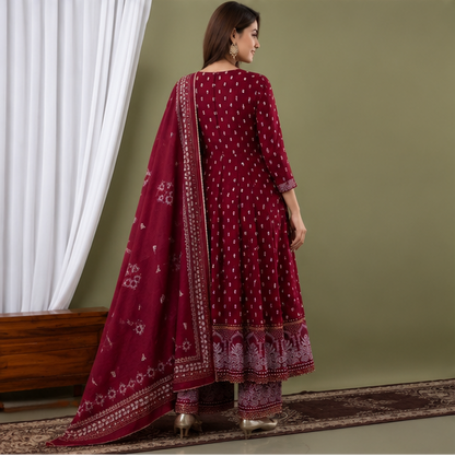 Women's Maroon Rayon Kurta Pant Set with Dupatta | Ethnic Motif Party Wear 3-Piece Set