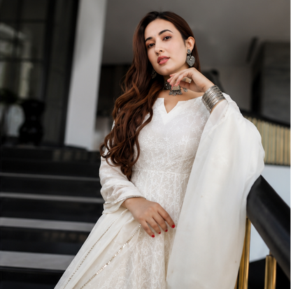 Women's White Cotton Anarkali Embroidered Kurti with Chanderi Silk Dupatta | Ethnic Wear Set