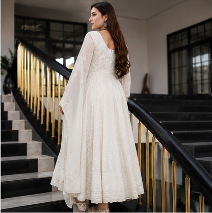 Women's White Cotton Anarkali Embroidered Kurti with Chanderi Silk Dupatta | Ethnic Wear Set