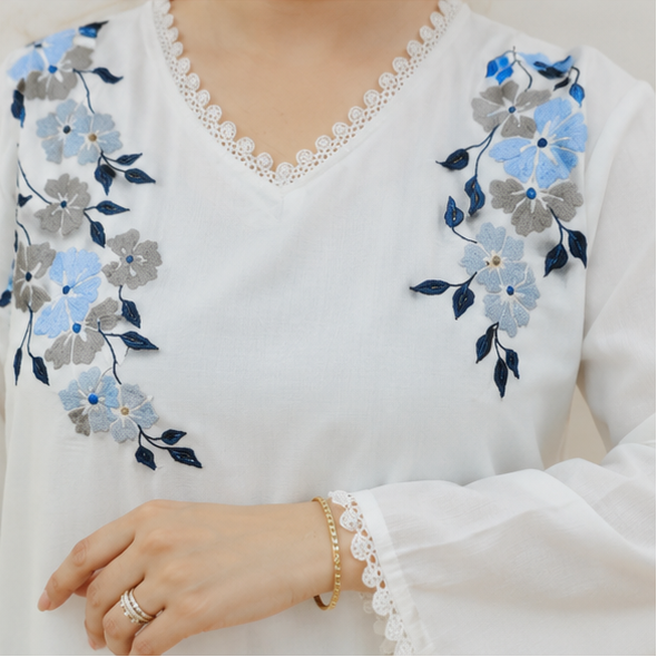 Women's White Embroidered Rayon Kurta Pant Set with Dupatta | Floral Festive Ethnic Wear