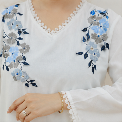 Women's White Embroidered Rayon Kurta Pant Set with Dupatta | Floral Festive Ethnic Wear