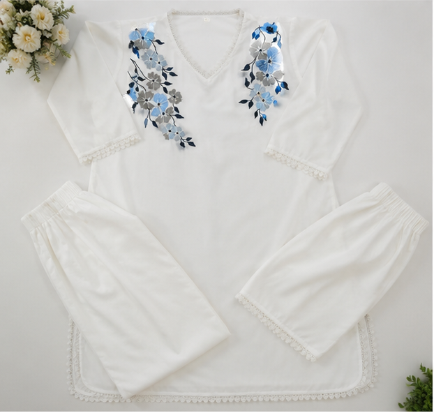 Women's White Embroidered Rayon Kurta Pant Set with Dupatta | Floral Festive Ethnic Wear