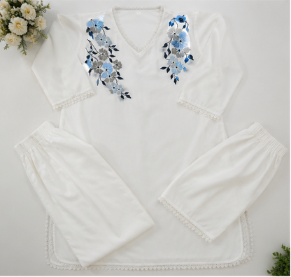 Women's White Embroidered Rayon Kurta Pant Set with Dupatta | Floral Festive Ethnic Wear