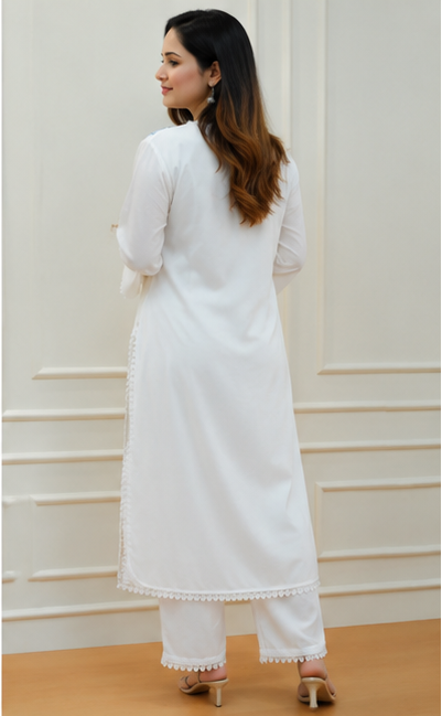 Women's White Embroidered Rayon Kurta Pant Set with Dupatta | Floral Festive Ethnic Wear