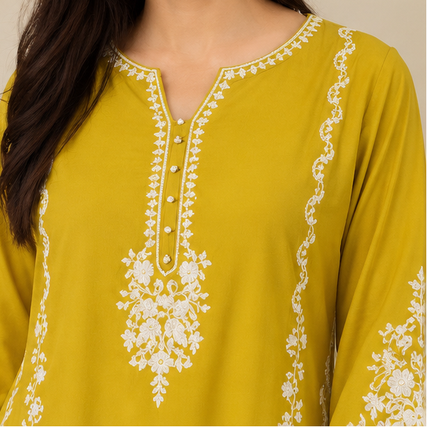 Women's Yellow Georgette Embroidered Kurta Pant Set with Dupatta | Party Wear Ethnic Set