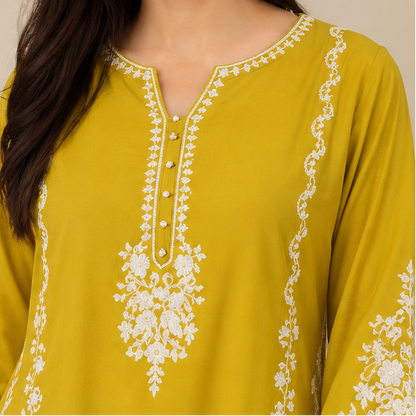 Women's Yellow Georgette Embroidered Kurta Pant Set with Dupatta | Party Wear Ethnic Set
